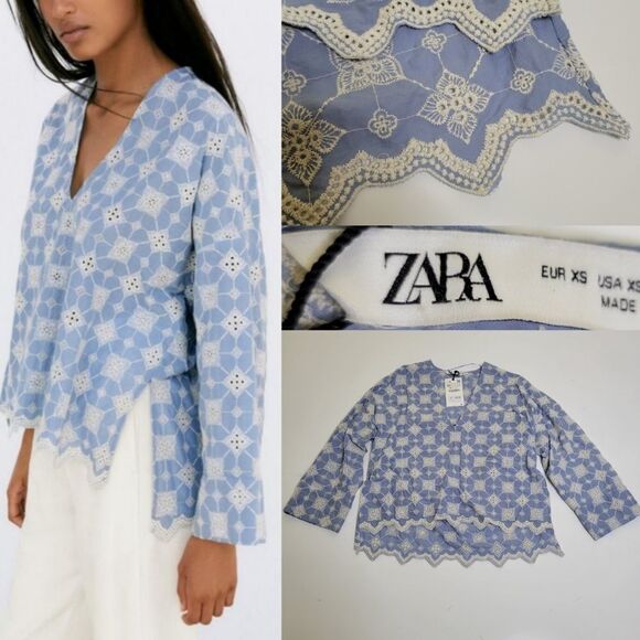 NEW ZARA oversized embroidered blue white coastal tunic popover top XS SMALL NWT - Picture 1 of 11